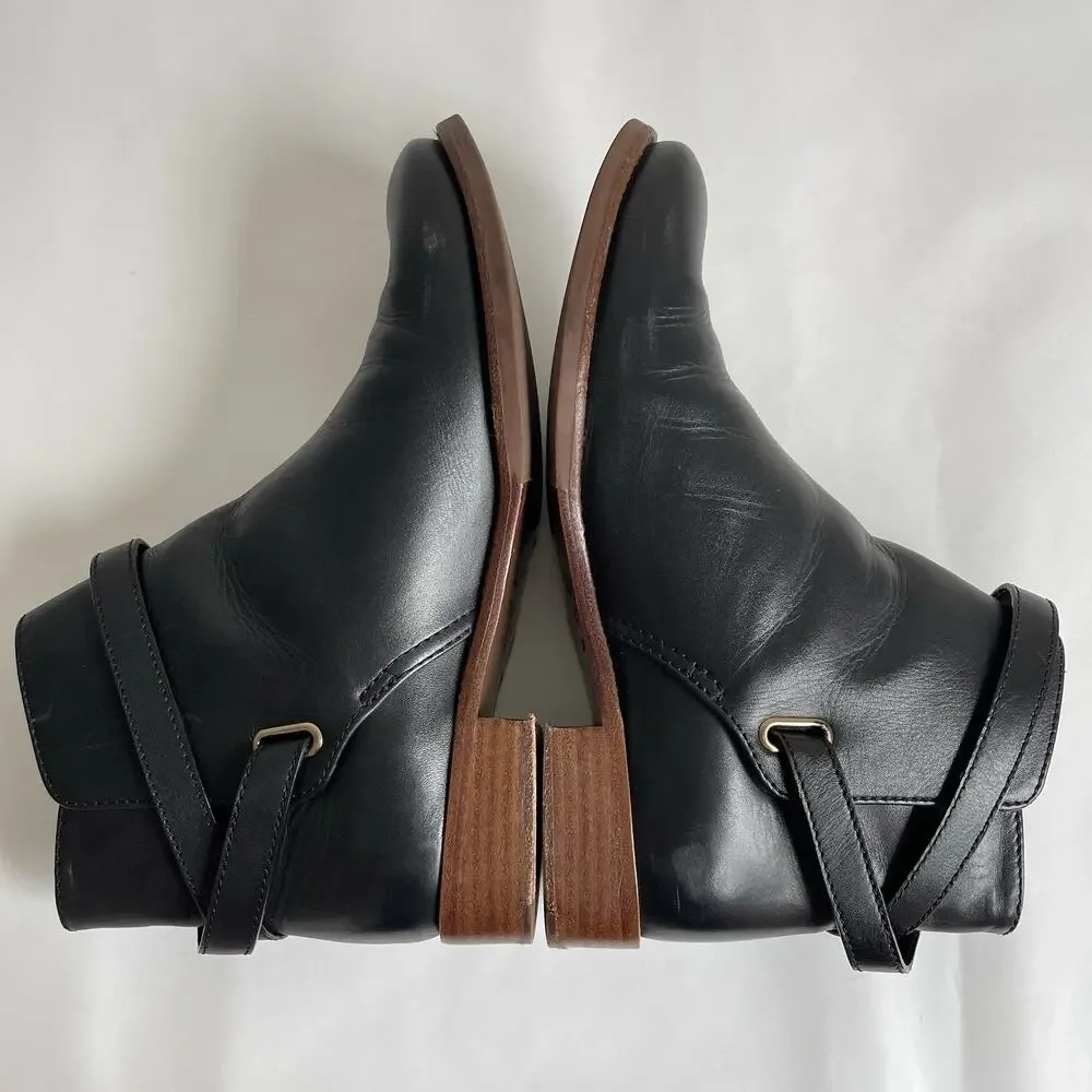 Tory Burch Black‎ Leather Harness Buckle Ankle Boots Size 8M Comfy Booties 5214